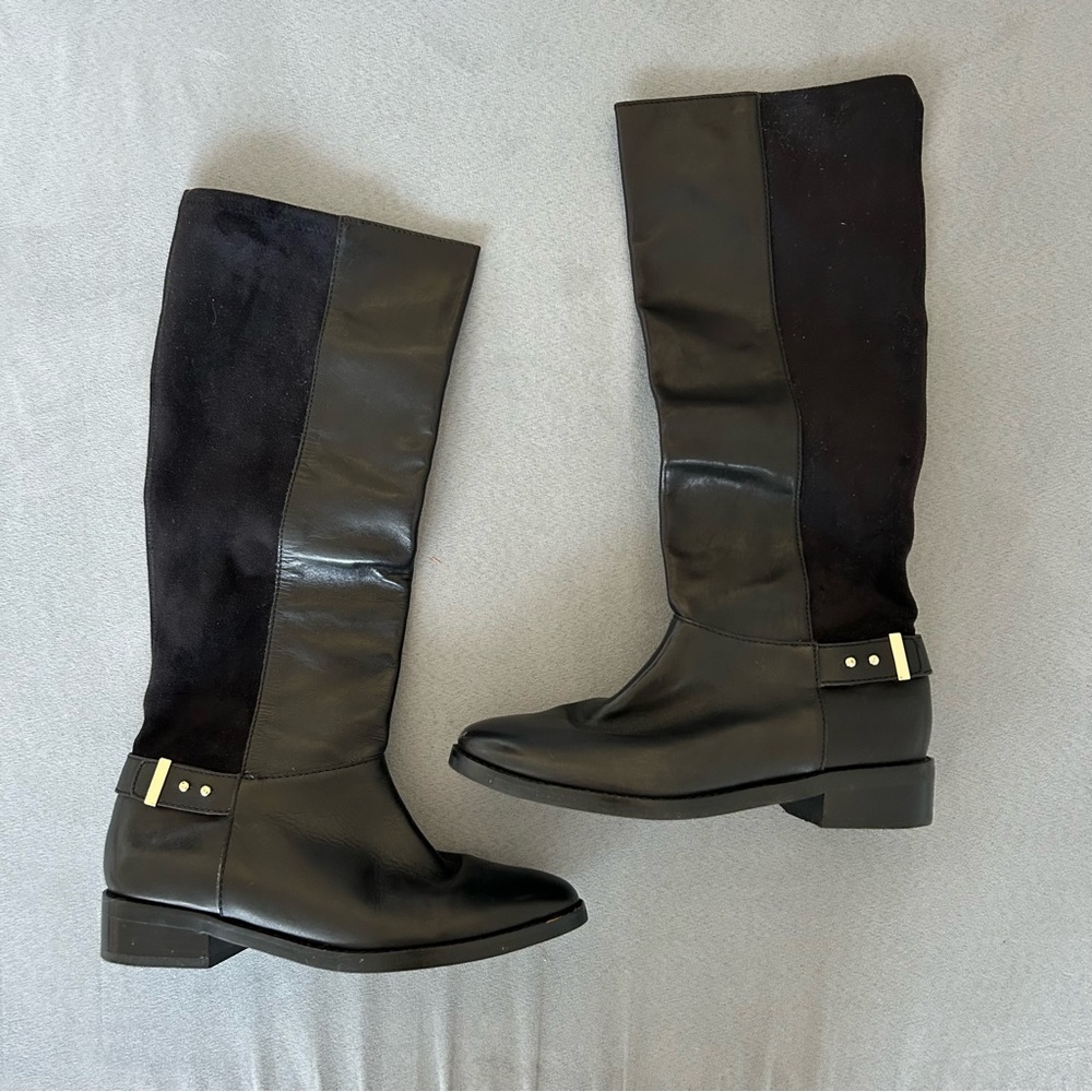 cole haan riding boots sz 7 black stretch leather suede classic tall flat